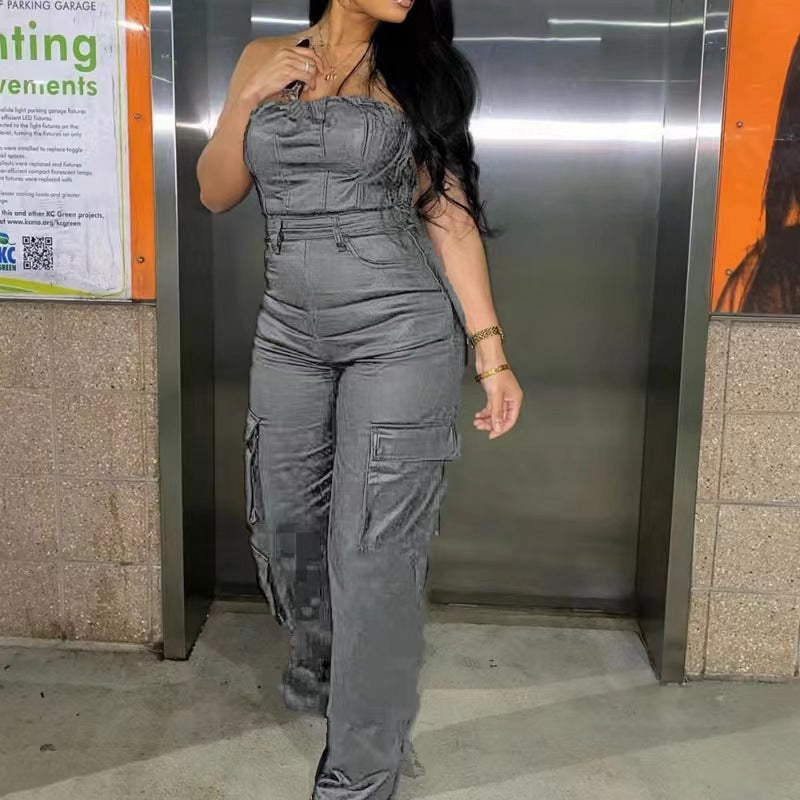Off-the-shoulder Tube Top PU Leather Jumpsuit