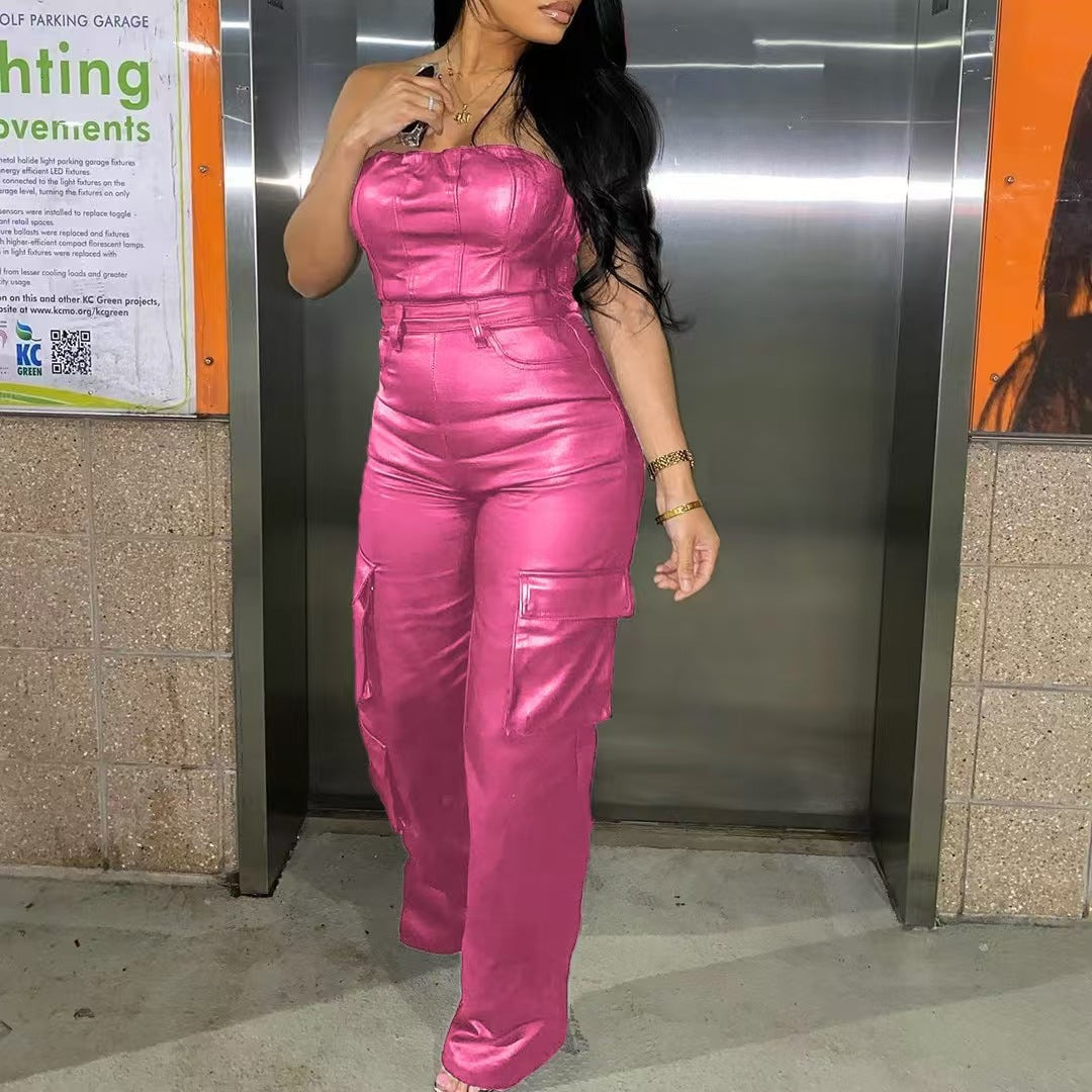 Off-the-shoulder Tube Top PU Leather Jumpsuit