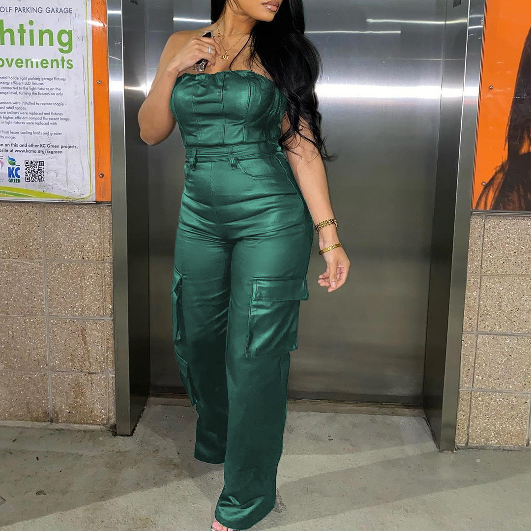 Off-the-shoulder Tube Top PU Leather Jumpsuit