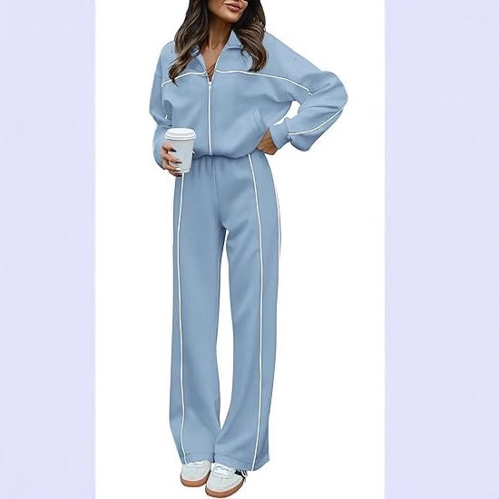 Long-sleeved Zip-up Top And Belted Straight-leg Pants Suit