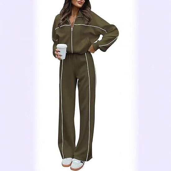 Long-sleeved Zip-up Top And Belted Straight-leg Pants Suit