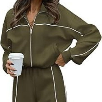 Long-sleeved Zip-up Top And Belted Straight-leg Pants Suit