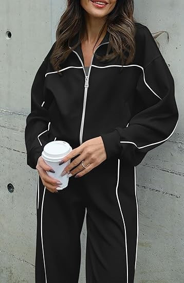 Long-sleeved Zip-up Top And Belted Straight-leg Pants Suit