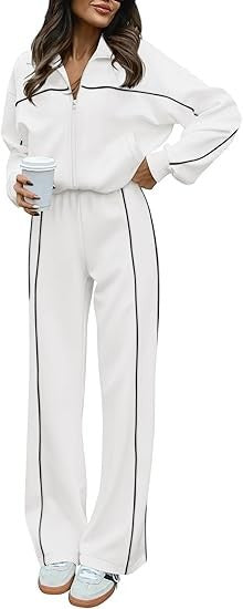 Long-sleeved Zip-up Top And Belted Straight-leg Pants Suit
