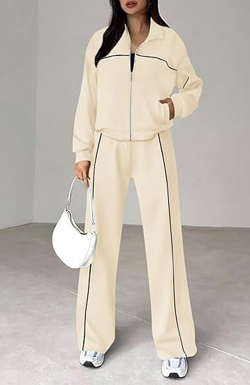Long-sleeved Zip-up Top And Belted Straight-leg Pants Suit