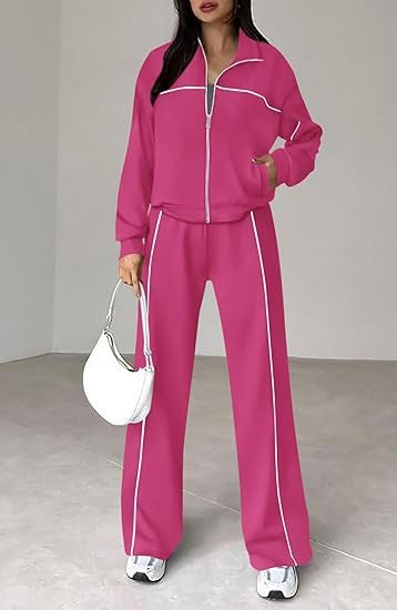 Long-sleeved Zip-up Top And Belted Straight-leg Pants Suit