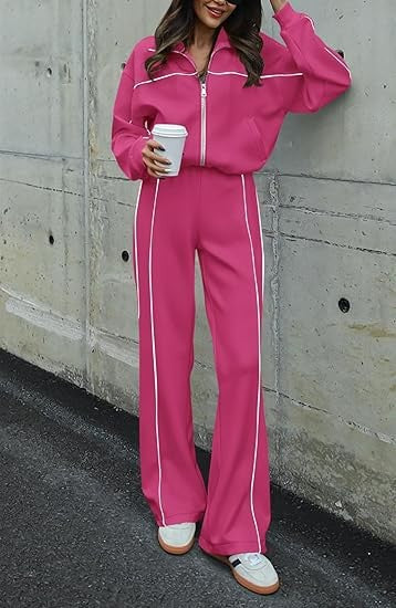 Long-sleeved Zip-up Top And Belted Straight-leg Pants Suit