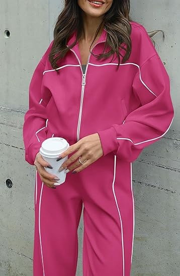 Long-sleeved Zip-up Top And Belted Straight-leg Pants Suit