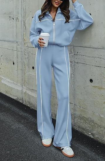 Long-sleeved Zip-up Top And Belted Straight-leg Pants Suit