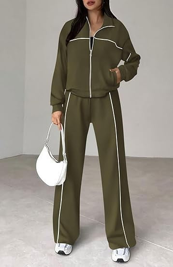 Long-sleeved Zip-up Top And Belted Straight-leg Pants Suit