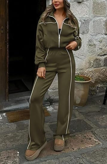 Long-sleeved Zip-up Top And Belted Straight-leg Pants Suit