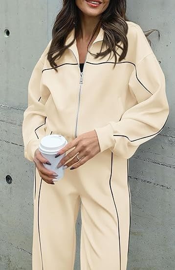 Long-sleeved Zip-up Top And Belted Straight-leg Pants Suit