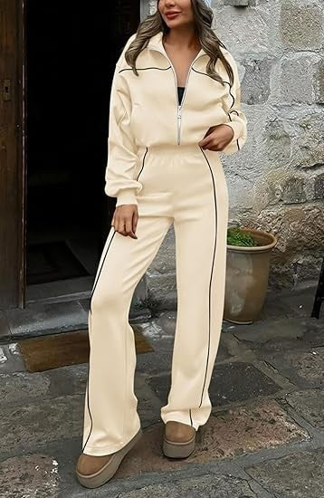 Long-sleeved Zip-up Top And Belted Straight-leg Pants Suit