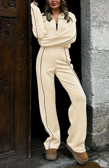 Long-sleeved Zip-up Top And Belted Straight-leg Pants Suit