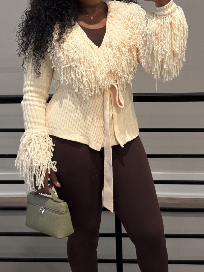 Fringe Tie Waist Deep V Neck Cardigan