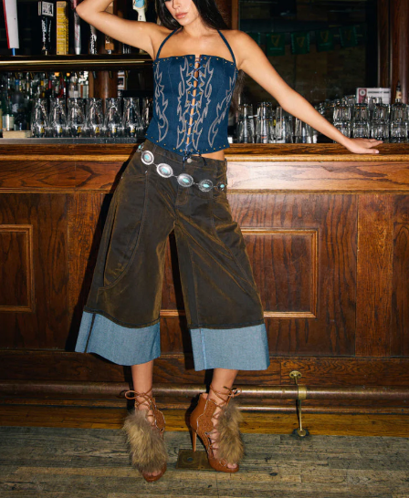 Fall Velvet Denim Button Down And Short Set
