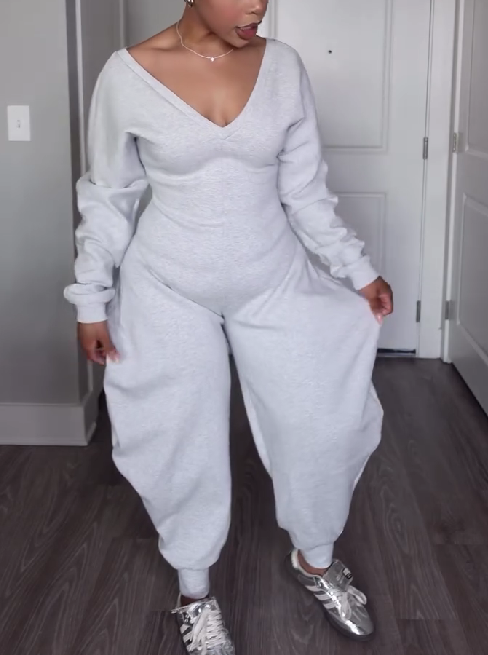 Deep V Neck Long Sleeve Jumpsuit