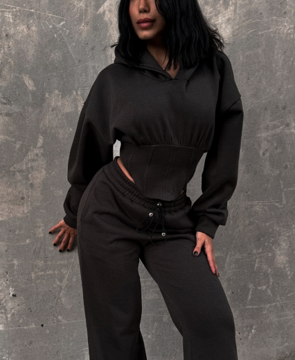 Casual Herringbone Waist Short Sweatshirt Suit