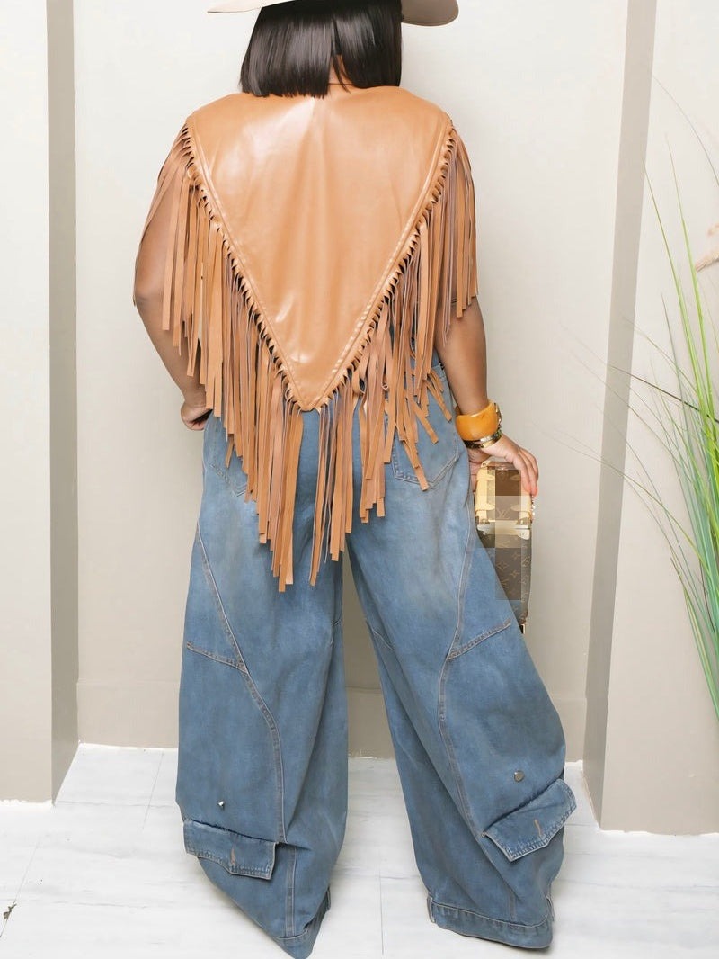 Sleeveless Fringed PU Blazer Vest