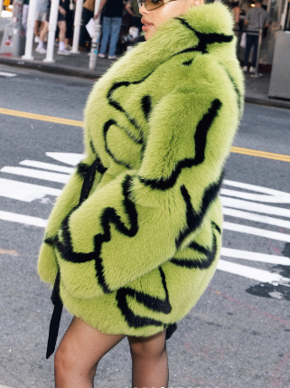 Pattern Faux Fur Long Sleeve Front Opened Jacket