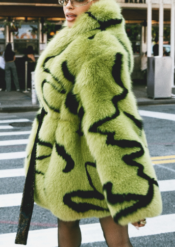 Pattern Faux Fur Long Sleeve Front Opened Jacket