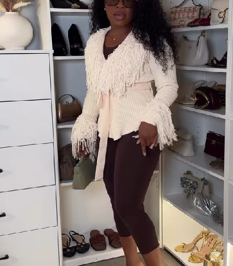 Fringe Tie Waist Deep V Neck Cardigan