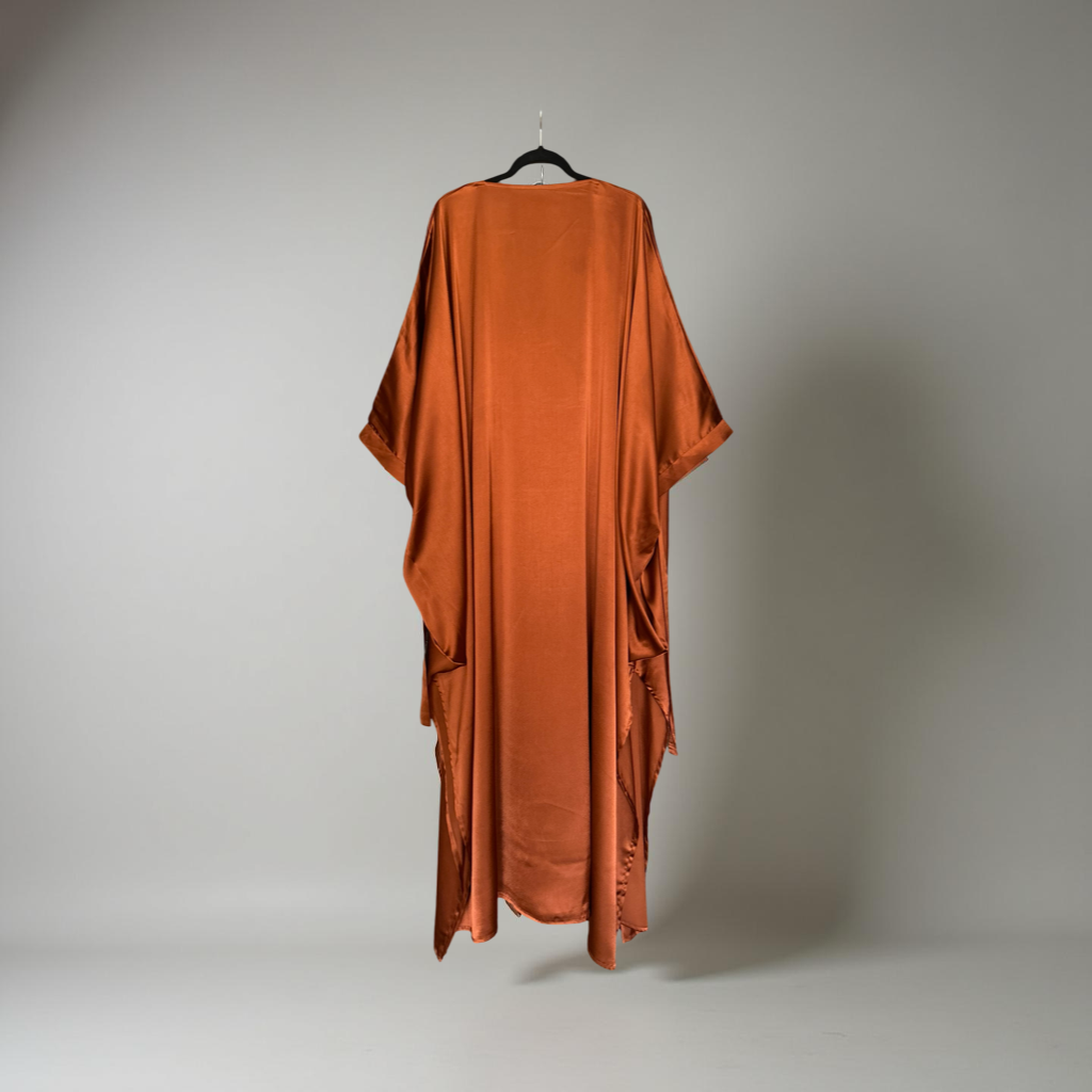 Loose V-neck Batwing Sleeve Shiny Silky Satin Dress