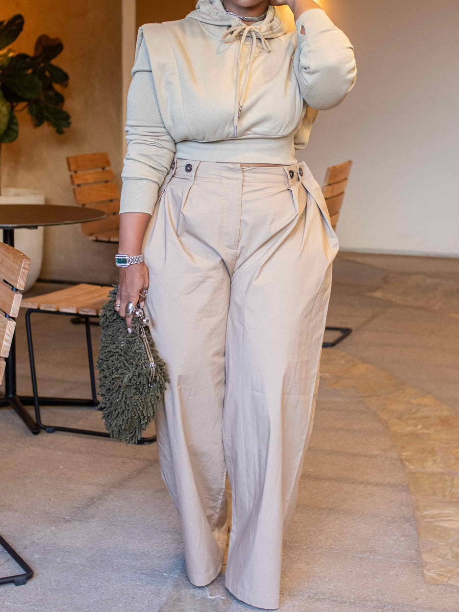 Drawstring Hooded Long-sleeved Sweatshirt With Wide-leg Pants Suit