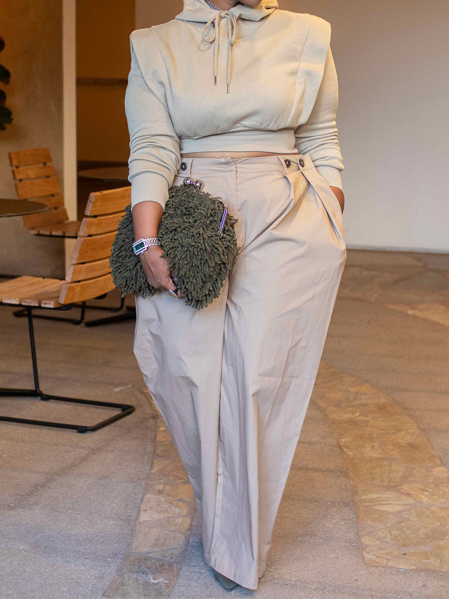 Drawstring Hooded Long-sleeved Sweatshirt With Wide-leg Pants Suit