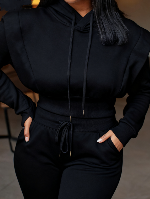 Drawstring Hooded Long-sleeved Sweatshirt With Wide-leg Pants Suit
