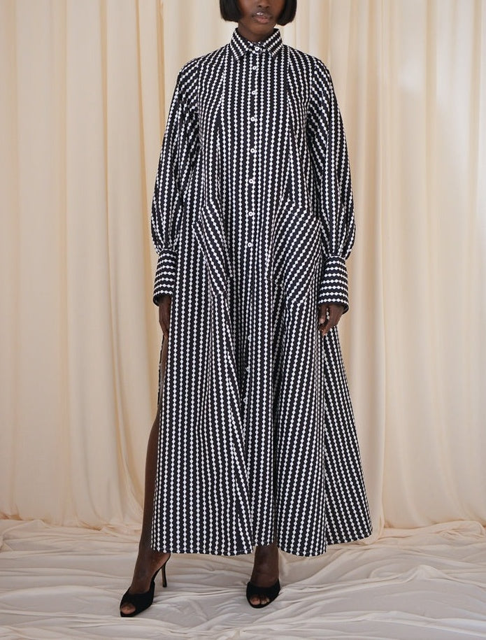 Diamond Stripe Flared Maxi Shirt Dress