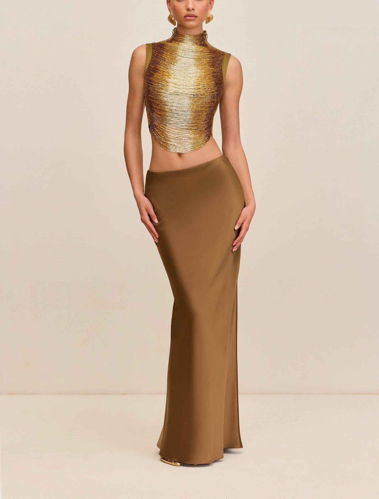 Sleeveless High-neck Fringe Paneled Top &Satin Skirt Set