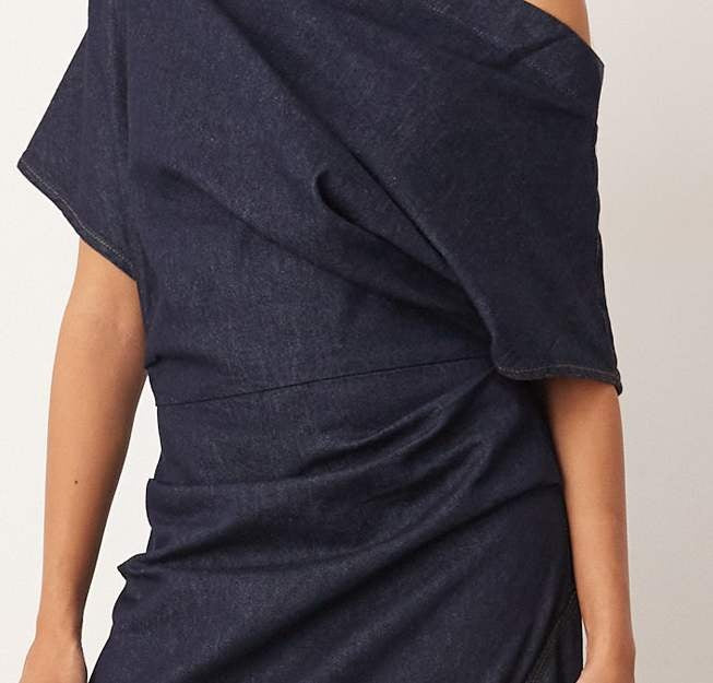 Off-shoulder Side Slit Denim Maxi Dress