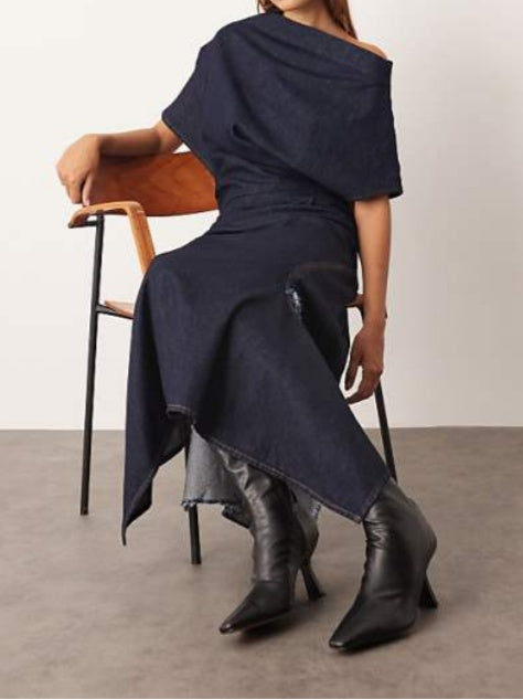 Off-shoulder Side Slit Denim Maxi Dress