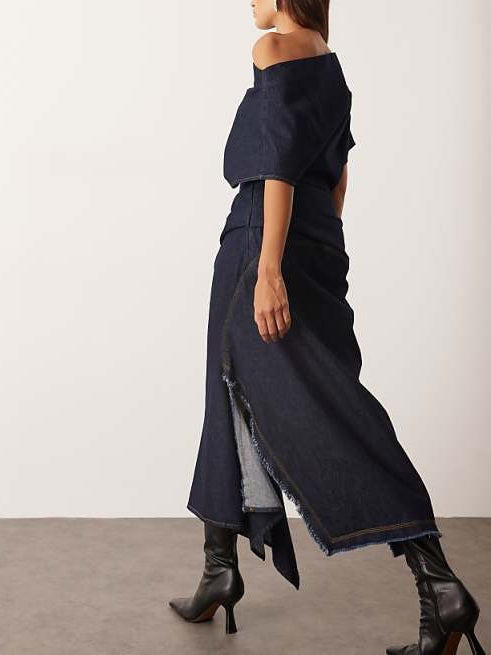 Off-shoulder Side Slit Denim Maxi Dress