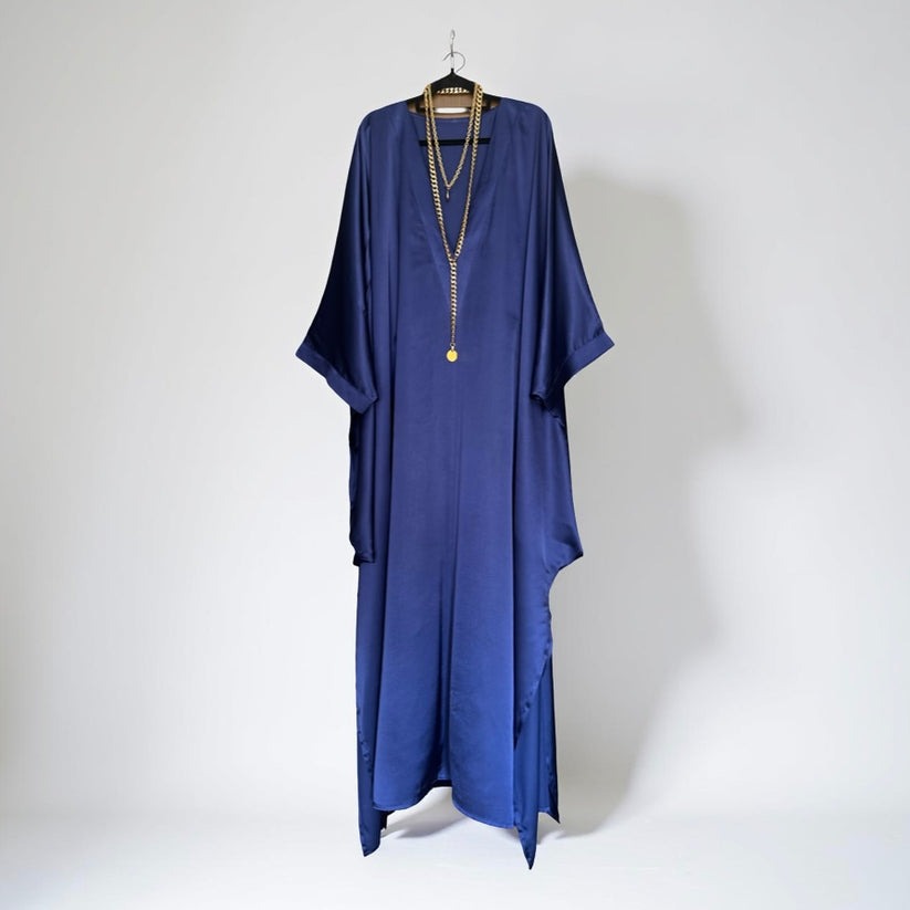 Loose V-neck Batwing Sleeve Shiny Silky Satin Dress