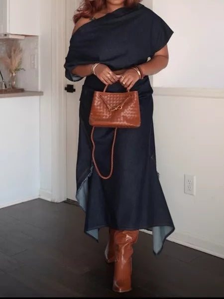 Off-shoulder Side Slit Denim Maxi Dress