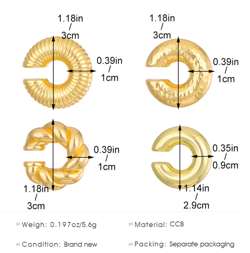 4 Pairs Chunky Gold Ear Cuff Earrings