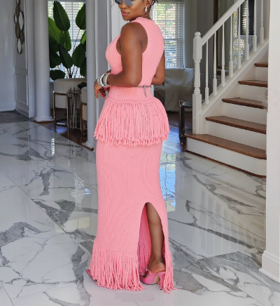 Knitted Fringed Cutout Two Pieces Dress