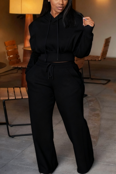 Drawstring Hooded Long-sleeved Sweatshirt With Wide-leg Pants Suit