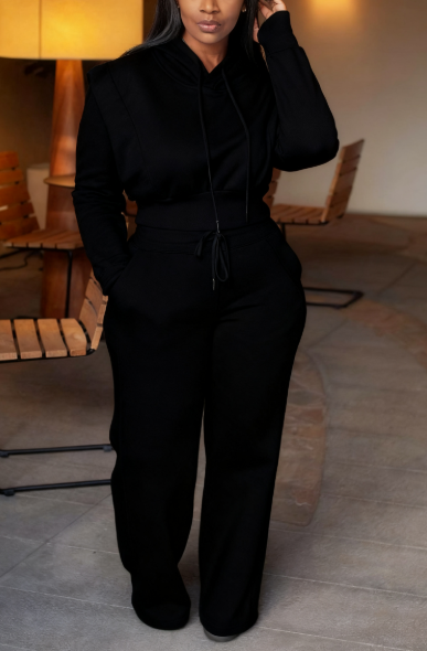 Drawstring Hooded Long-sleeved Sweatshirt With Wide-leg Pants Suit