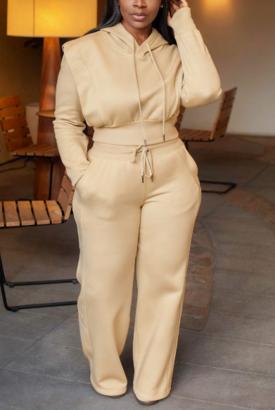 Drawstring Hooded Long-sleeved Sweatshirt With Wide-leg Pants Suit