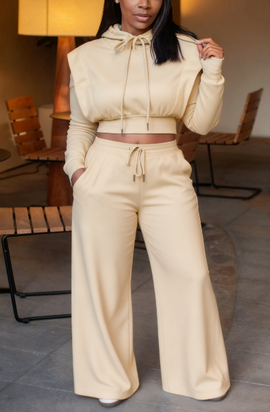 Drawstring Hooded Long-sleeved Sweatshirt With Wide-leg Pants Suit
