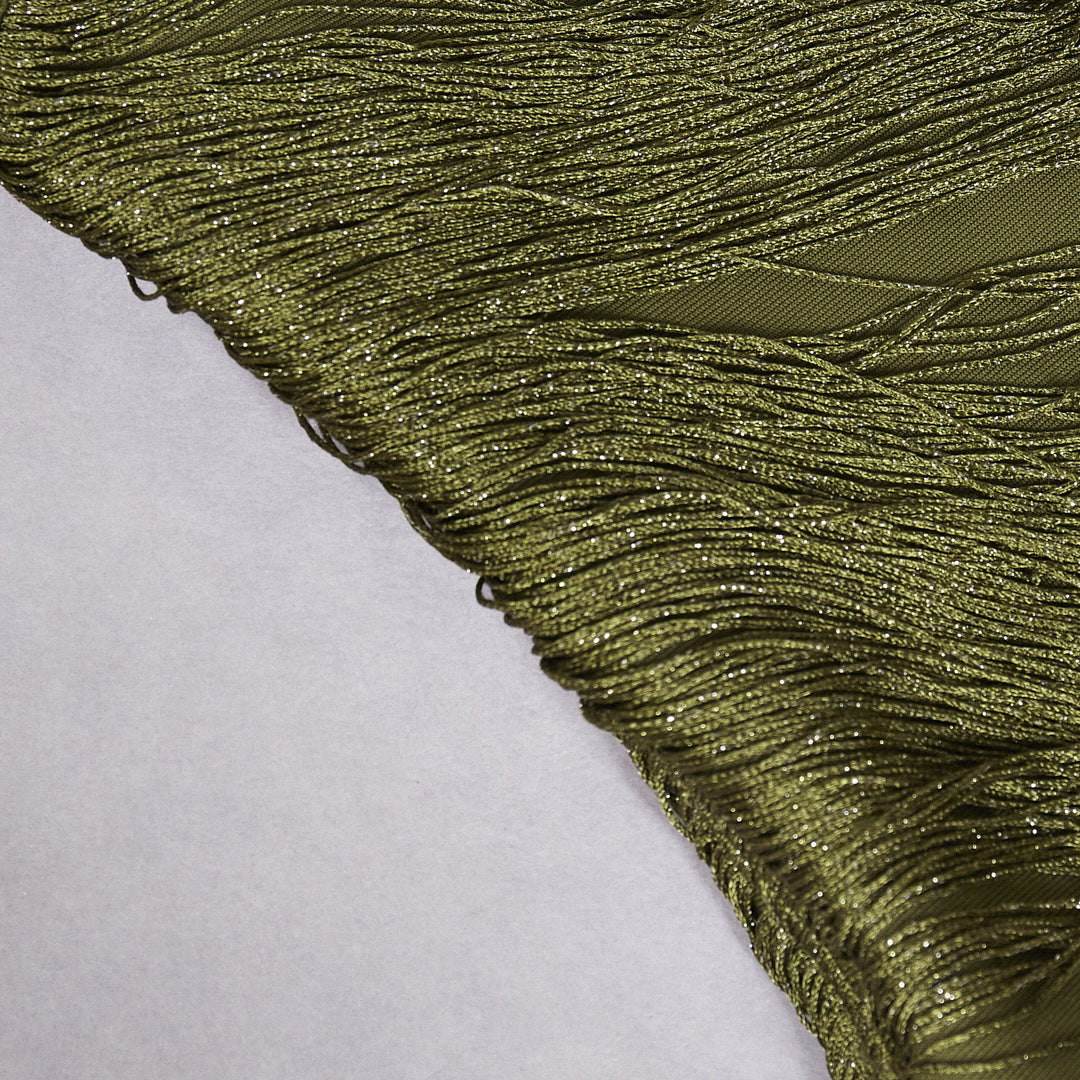 Sleeveless High-neck Fringe Paneled Top &Satin Skirt Set