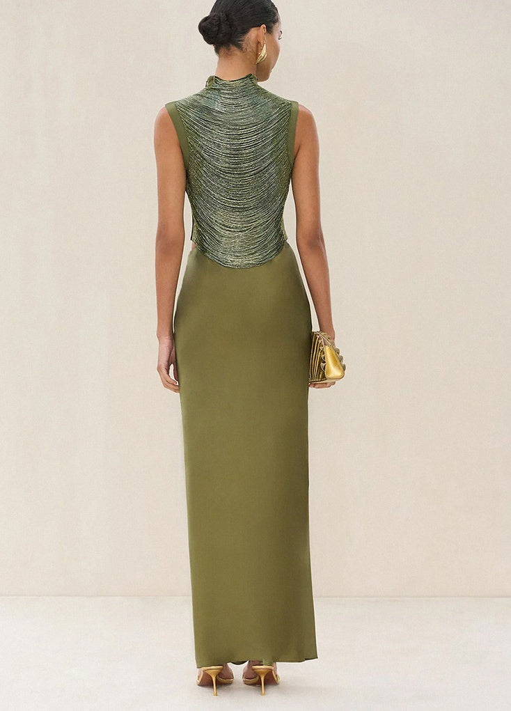 Sleeveless High-neck Fringe Paneled Top &Satin Skirt Set