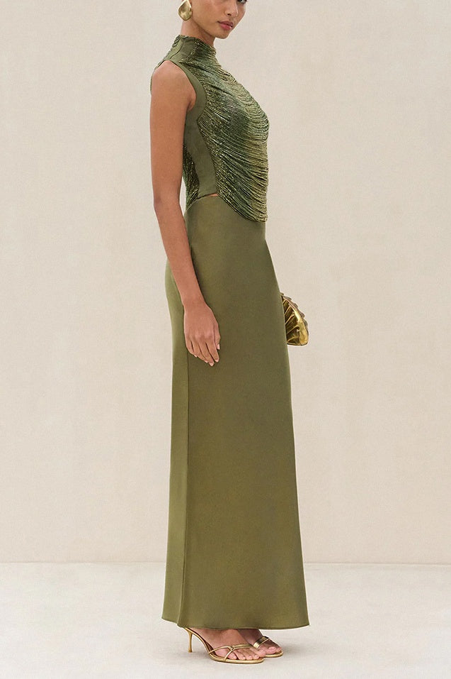 Sleeveless High-neck Fringe Paneled Top &Satin Skirt Set