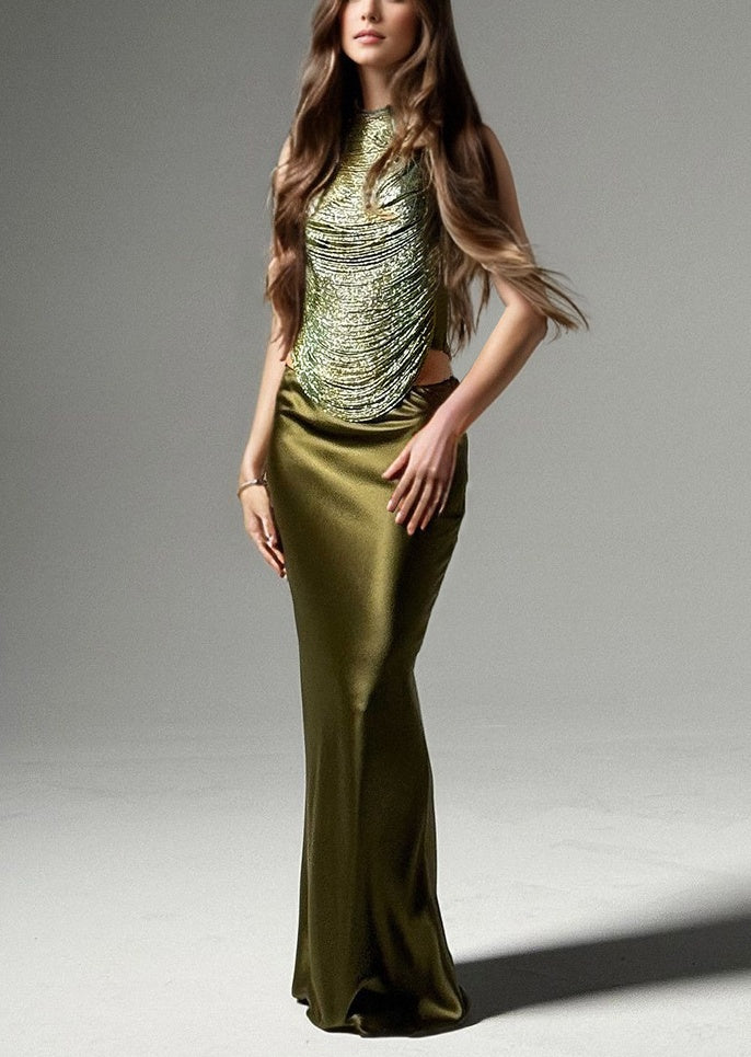 Sleeveless High-neck Fringe Paneled Top &Satin Skirt Set