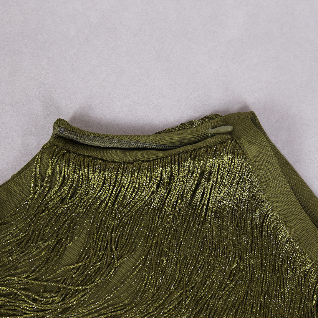 Sleeveless High-neck Fringe Paneled Top &Satin Skirt Set