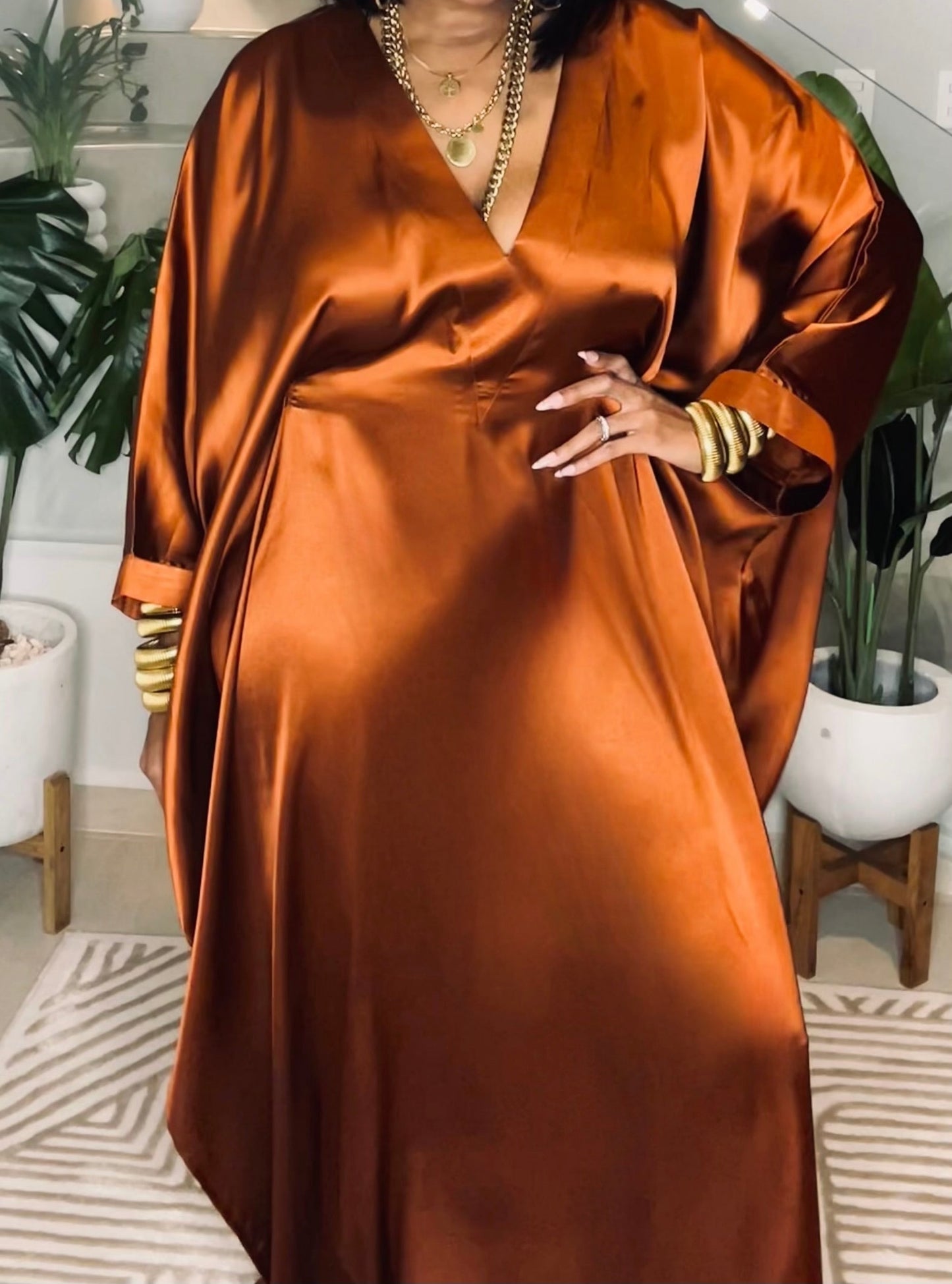 Loose V-neck Batwing Sleeve Shiny Silky Satin Dress