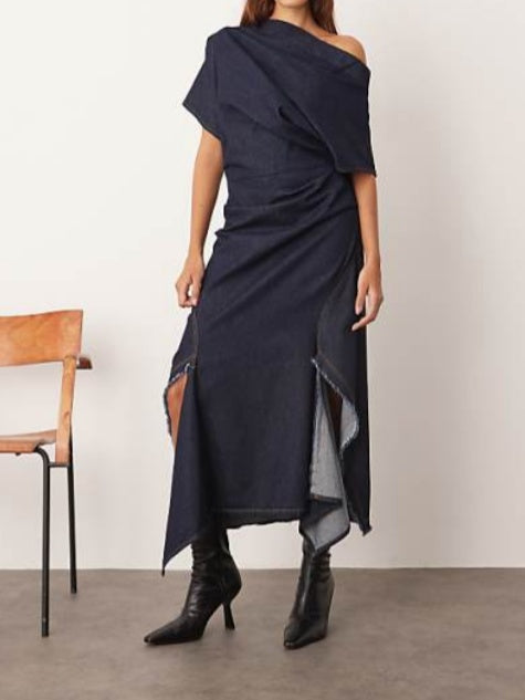 Off-shoulder Side Slit Denim Maxi Dress